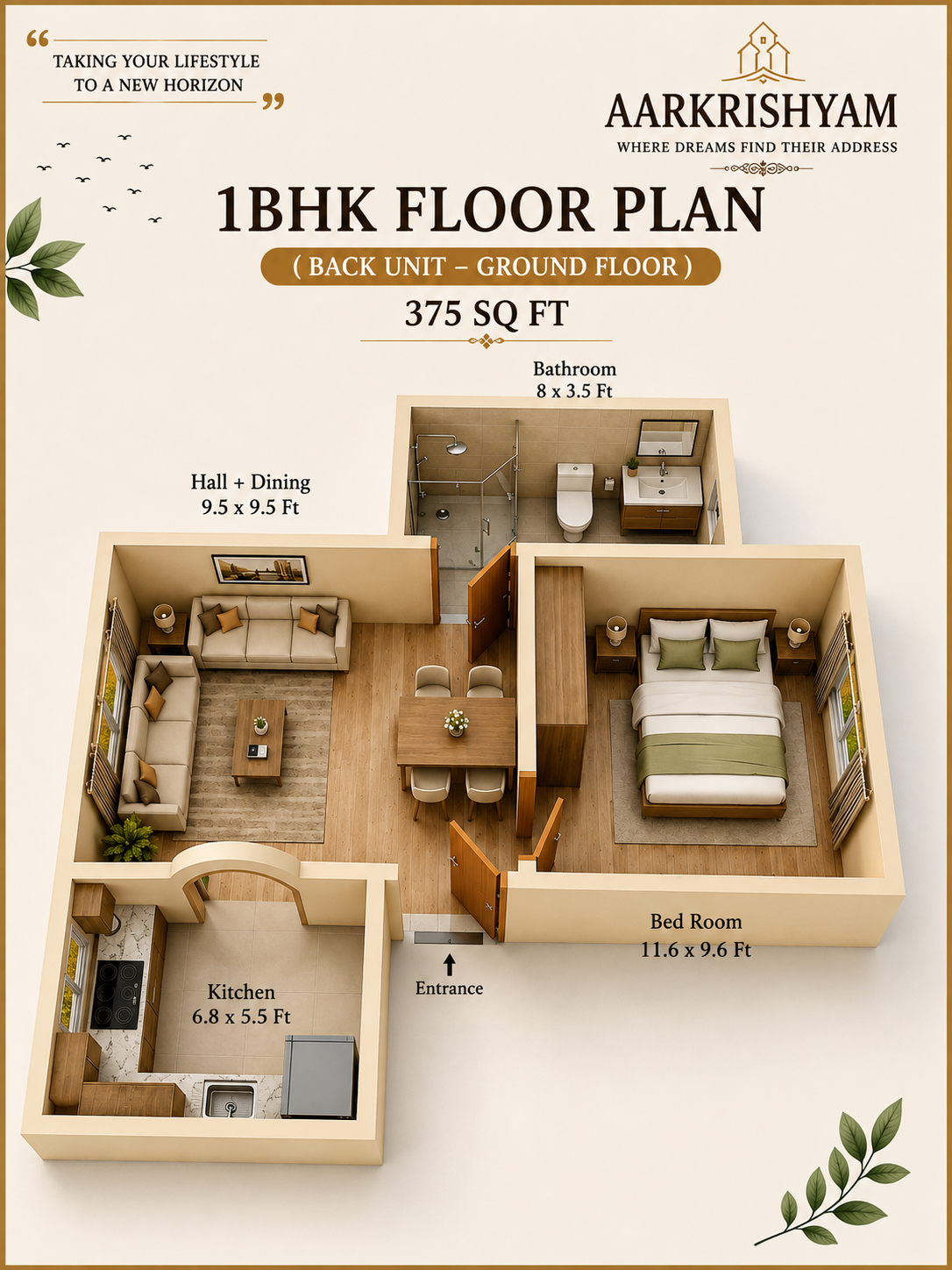 1BHK 375 sq ft floor plan