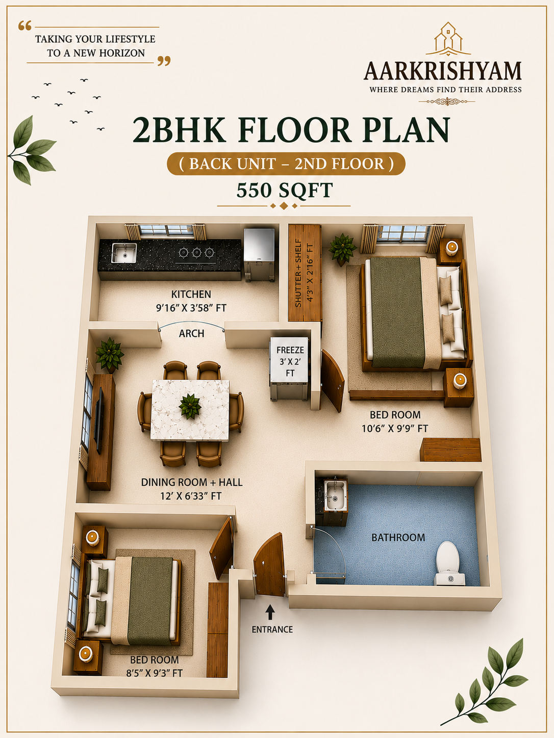 2BHK 550 sq ft floor plan