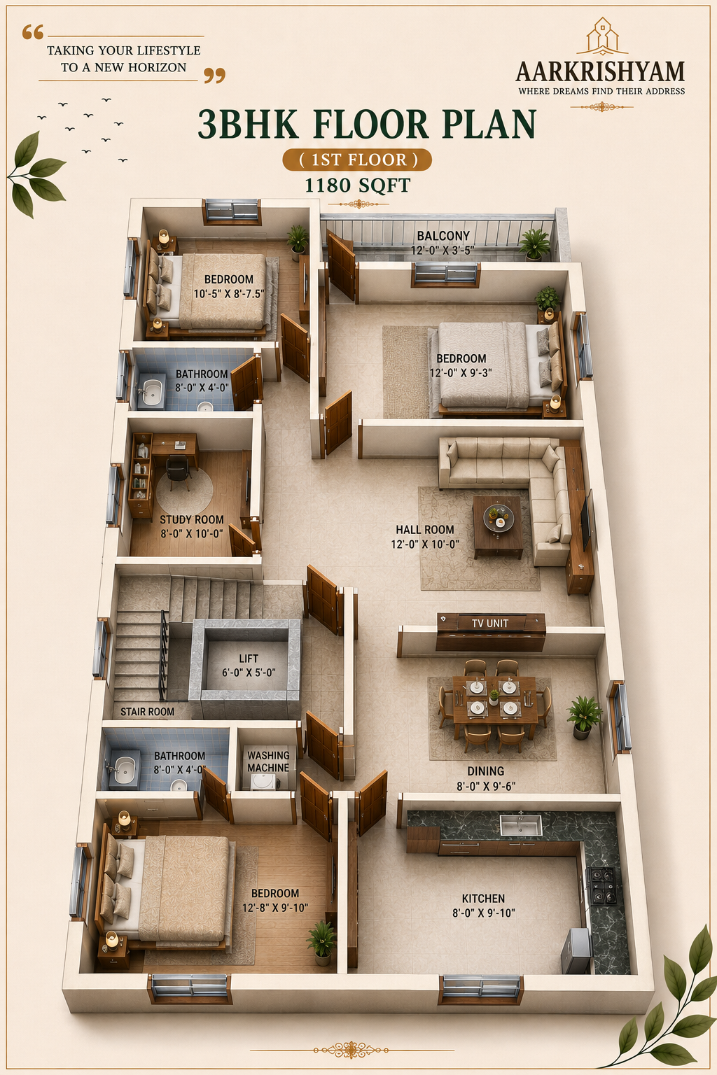 3BHK 1180 sq ft floor plan